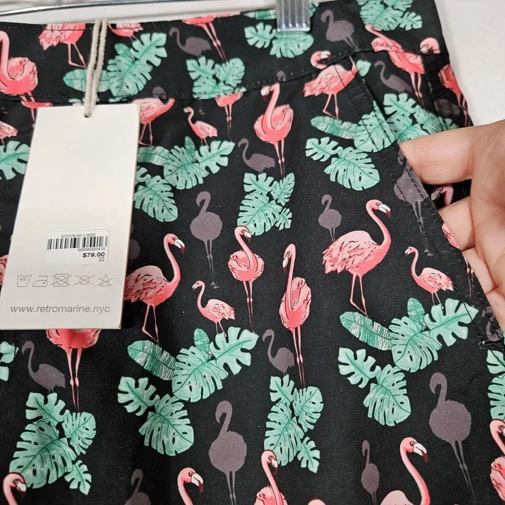 Retromarine NY Mens‎ Size 32 Swim Trunks Shorts Flamingo Print Mesh Lined NWT